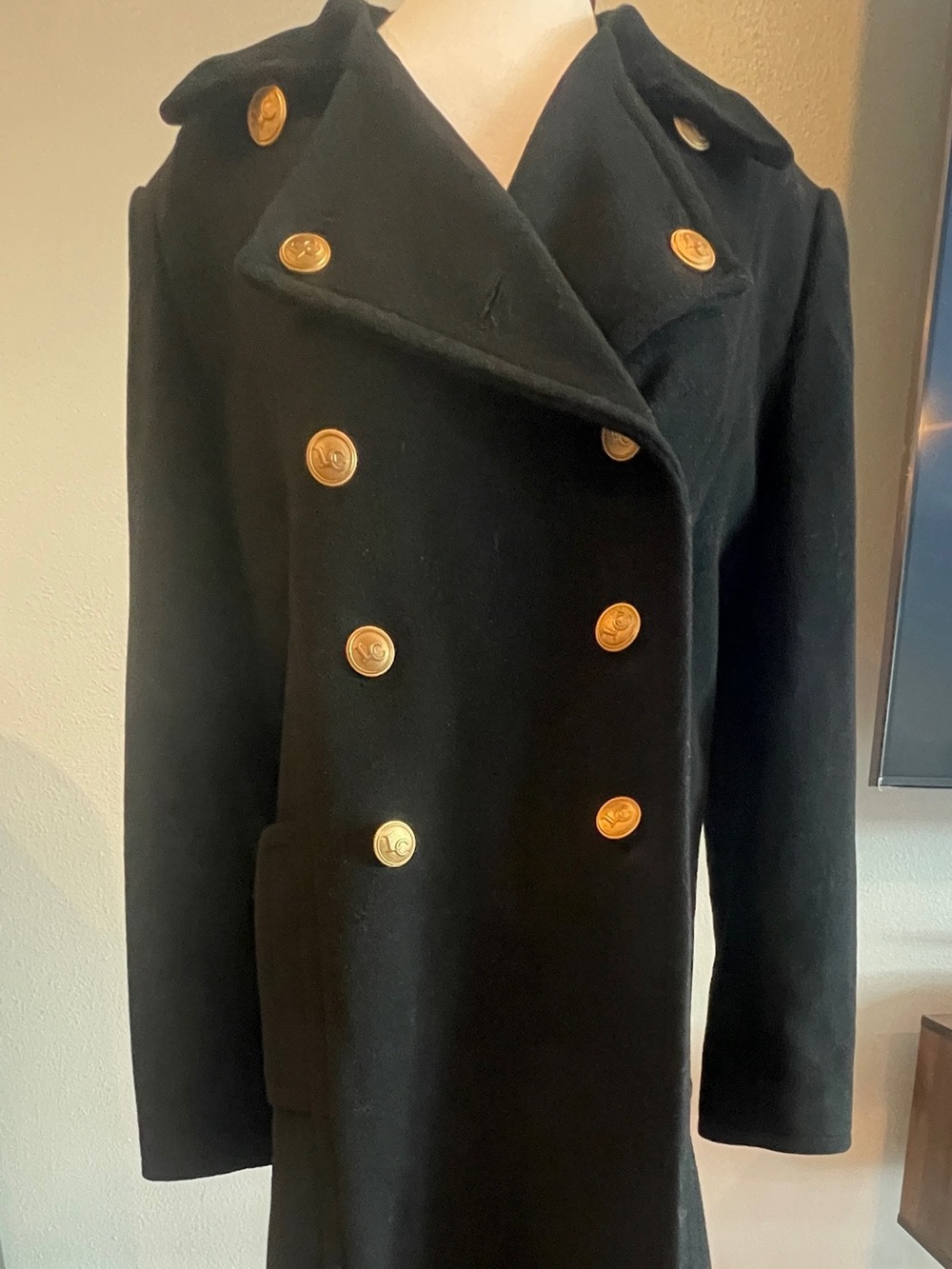 Vintage Liz Claiborne Women Black Double-Breasted Wool Coat, Gold Buttons Sz 12 - Picture 2 of 12